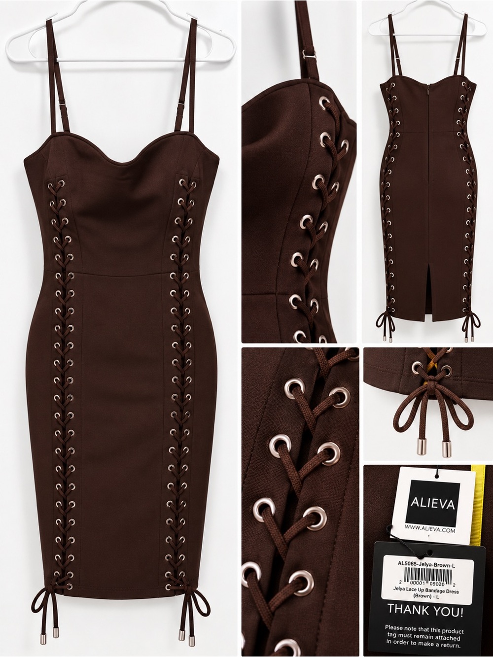 Alieva Brown Lace-Up Midi Dress with Sweetheart Neckline